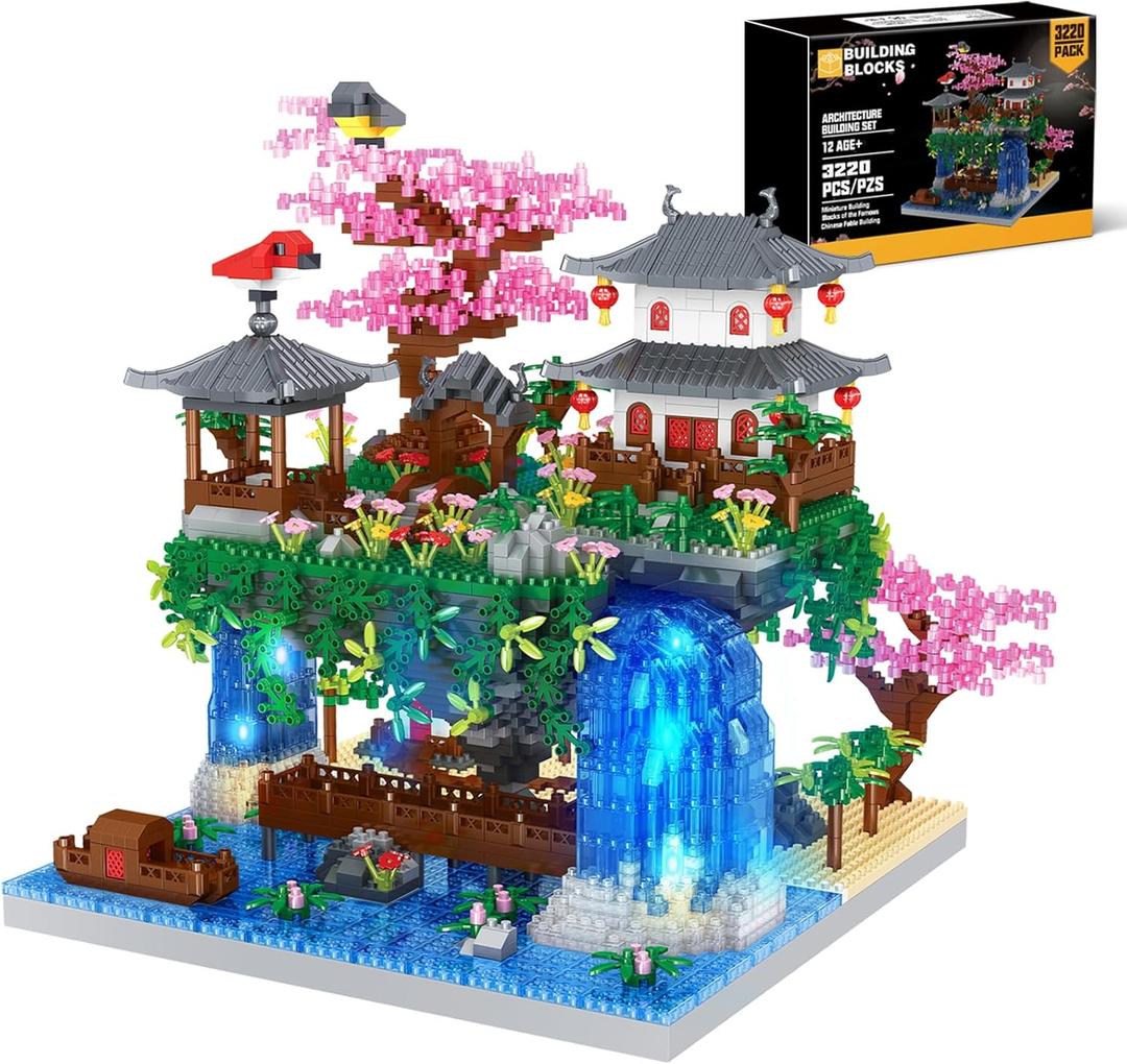 POKONBOY Peach Blossom Pond Building Blocks Set, Chinese Architecture Cherry Blossom Tree House Building Kit with LED Light Gift for Kids Adults Age 12+ (3320 Pcs, Micro Bricks)