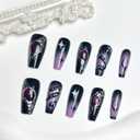 Dark Press on Nails Long Square Fake Nails with 3D Snake Rhinestones Design Purple Gradient Acrylic Nails Flame False Nails Tip Glitter Star Swirl Artificial Nails Glossy Glue on Nails for Women 24Pcs