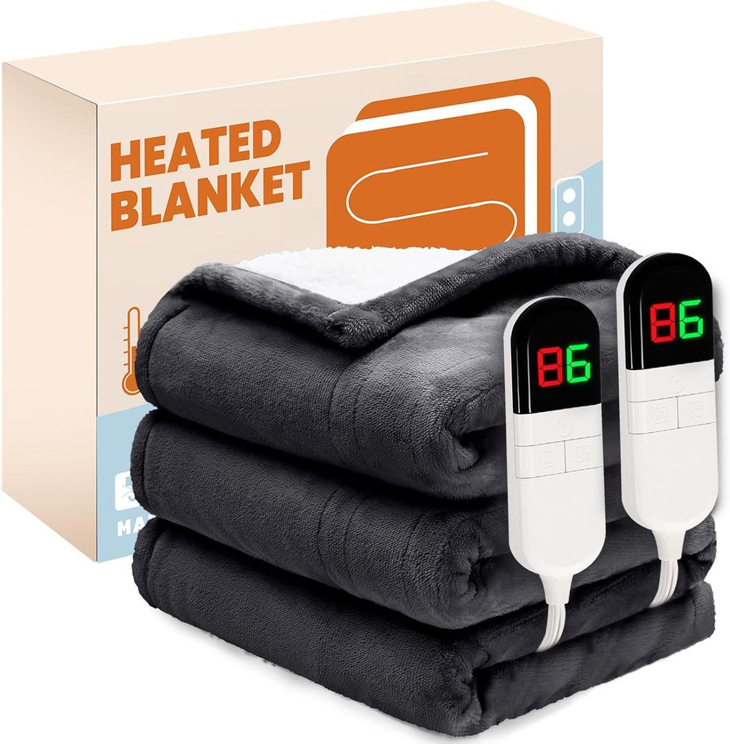 Electric Heated Blanket,Flannel & Sherpa Heated Queen Blanket 84"x90",Fast Heating Soft Fleece Blanket with 6 Heating Levels & 10H Auto Off-Grey