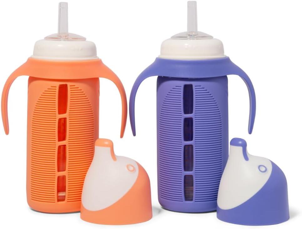 Tabor Place Set of 2 - Glass Sippy Cup for Toddlers - The Luca | Spill-Proof | Silicone Straw | Orange & Indigo Purple | 8 oz | Liquids Never Touch Plastic | Removable Handles (purple)
