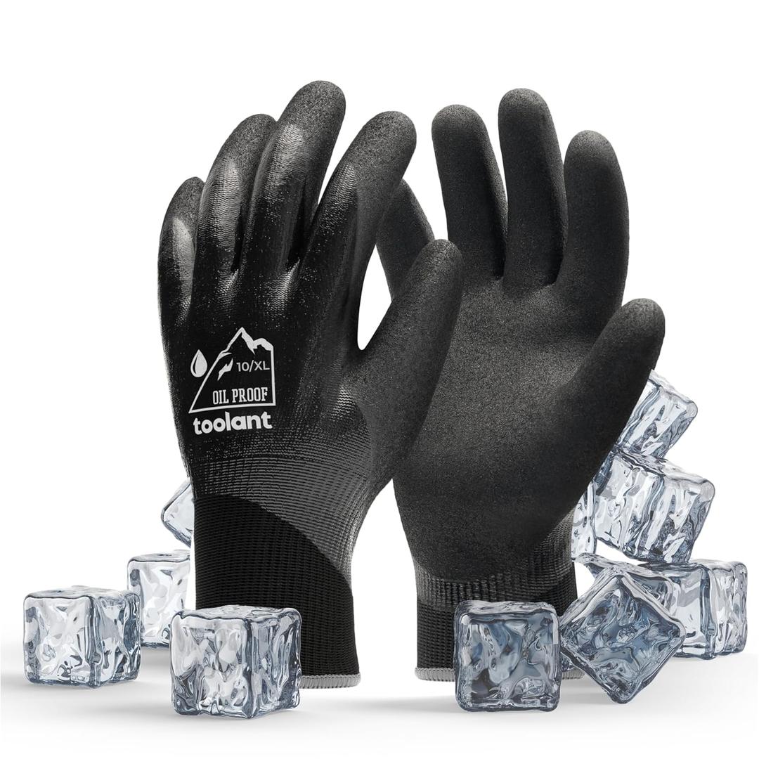 toolant Waterproof Gloves for Men and Women, Freezer Gloves with Grip, Double Nitrile Dipped for Extreme Oil Repellent, for Construction, Mechanics, Mining, Plumbing, Black, X-Large