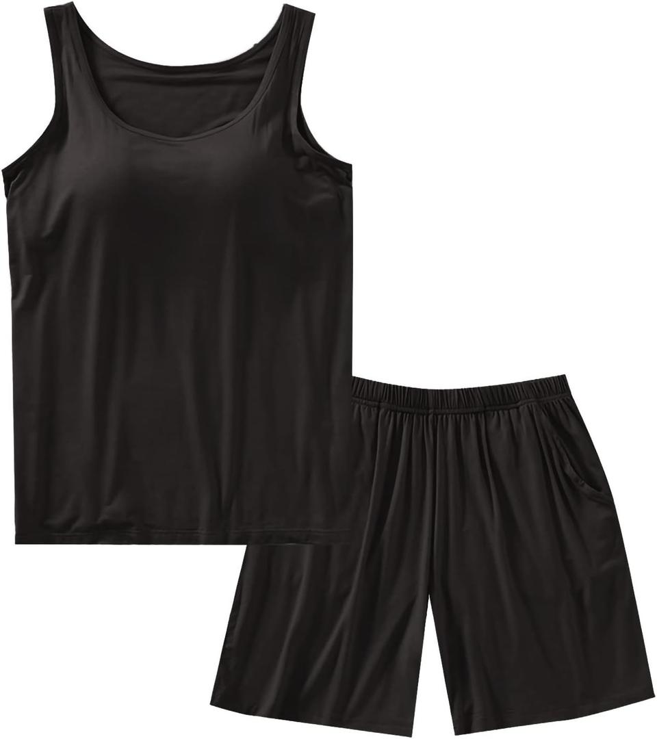 ASHER FASHION Pajamas for Women Two Piece Modal Loungewear Casual Tank Top & Shorts Sleepwear PJ Set with Built-in Bra (Large, Black)