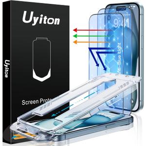 Uyiton Anti-Blue Light for iPhone 15 Screen Protector - Unbreak-Glass Full Coverage Case Friendly Scratch Resistance 9H Tempered Glass Screen Protector for iPhone 15, 2 Pack
