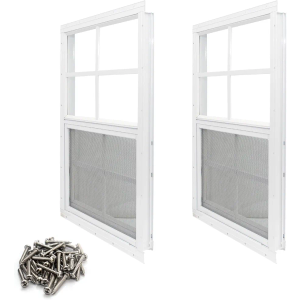 NeatiEase 2 Pack Shed Window, 12 x 18 Flush Mount Window with Tempered Glass and Fiberglass Screen for Shed, Chicken Coop, Playhouse, Household, Garage