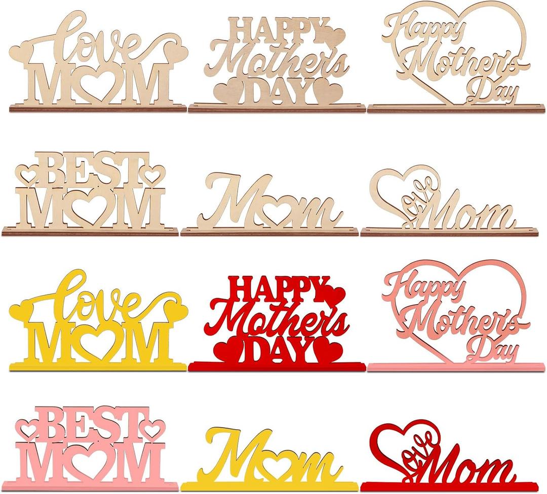 Cinnvoice 6 Pcs Mother's Day Crafts Color Your Own Happy Coloring Wooden Mom Tabletop Signs Decorations Set Happy Mother's Day Love Good Mom Wooden Crafts Gifts for Painting DIY Home Table Decor