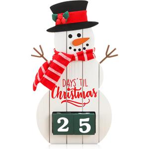 Christmas Decorations Countdown Calendar Desktop Wooden Decoration, Wood Advent Table Decor with Square Number Tabletop Decoration, Santa Claus Countdown Calendar for Home Office Decoration (Snowman)