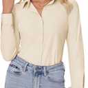 siliteelon Button Down Shirts for Women Slim fit Long Sleeve Stretch Dress Shirts Work Shirt Wrinkle Free Office Blouses (Small, Beige)