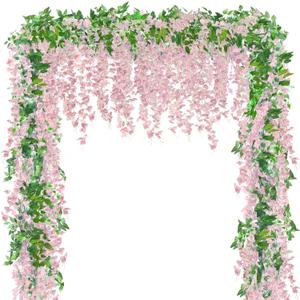 Sggvecsy 6Pcs Wisteria Garland Artificial Flowers Garland Fake Hanging Wisteria Vines Rattan Silk Hanging Flower Vines for Home Garden Outdoor Wedding Arch Party Ceremony Total 35.4Ft (Pink)