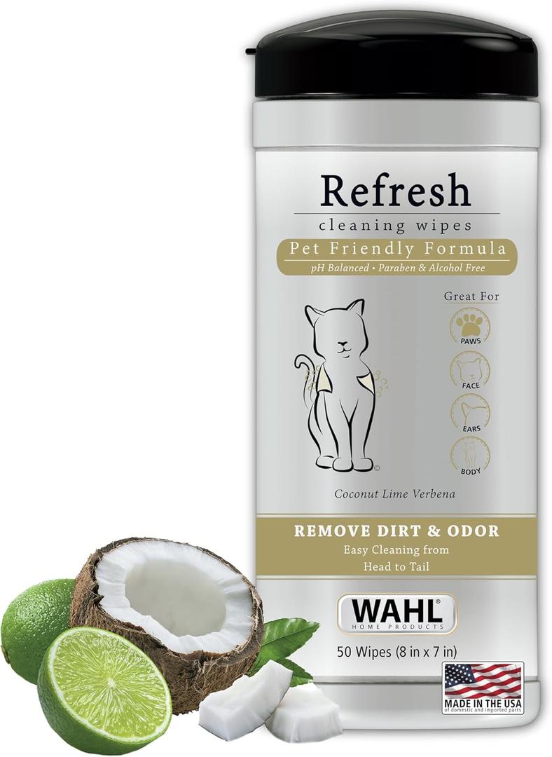 Wahl USA Cat Refresh Cleaning Wipes with Oatmeal Formula to Refresh and Clean Dirty Cats - 50 Count - 820017-500