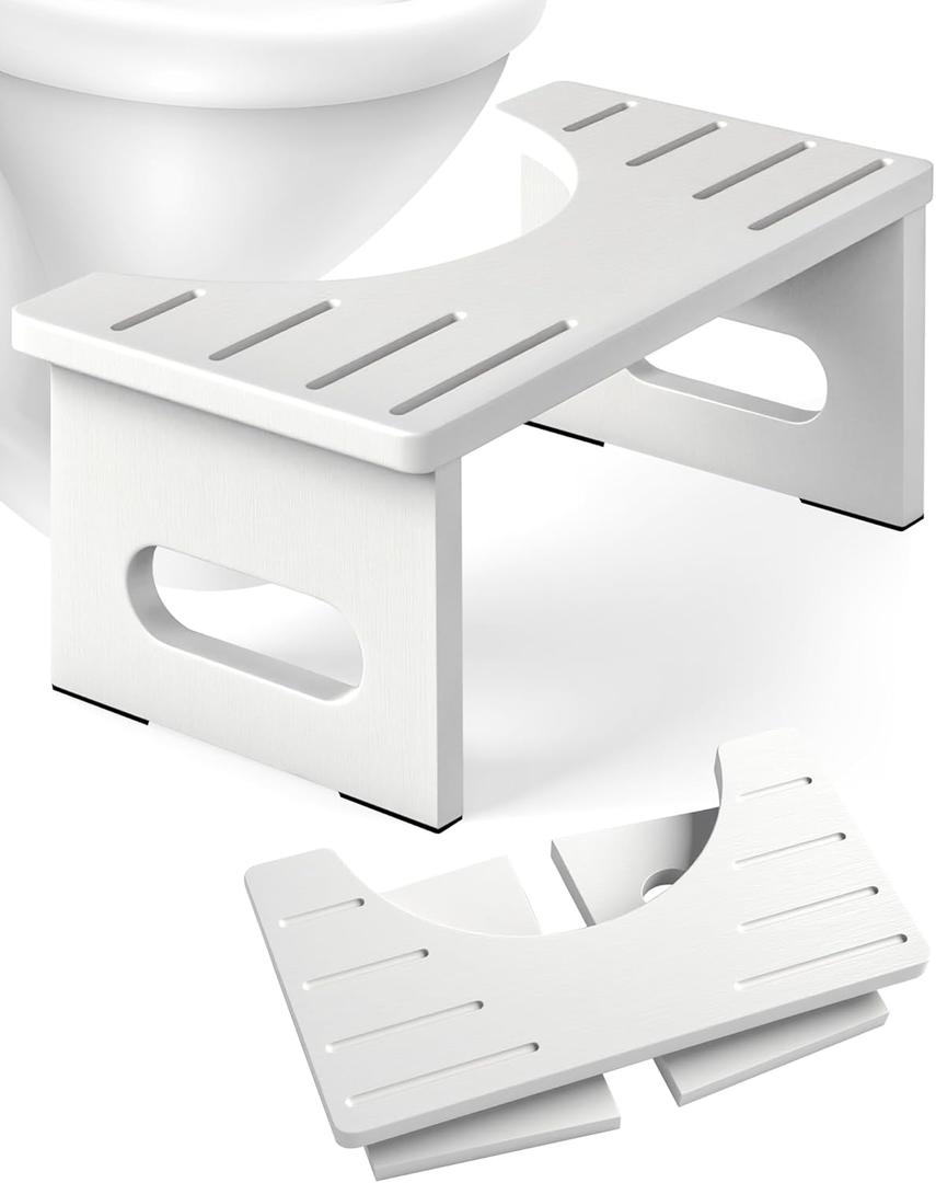 Foldable Toilet Stool, 7.5 Inches Bamboo Toilet Stool Squat for Adults, Collapsible Poop Stool for Bathroom, Potty Step Stool with Non-Slip Strip (1Pack, White)