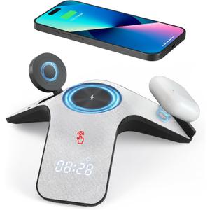 YLF Fast Wireless Charger Station 5 in 1 with Adapter - Wireless Phone Charger Stand with LED and Bluetooth Clock for Samsung Galaxy S23 Ultra/S23/S22/S21(Grey)