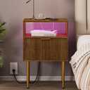 Nightstand with Outlet and Led Light, Bedside Table with Storage Drawer, Fluted Side Table for Living Room, Bedroom (Walnut Brown)