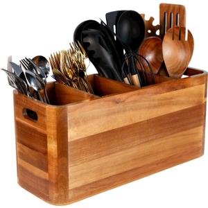 Wooden Kitchen Utensil Holder Organizer for Counter or Countertop, Large Wooden Utensil Holder for Storage Cooking and Silverware with 4 Compartment, Acacia Rustic Wood Container Extra Large