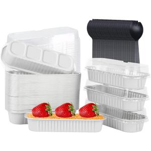 Mini Loaf Baking Pans with Lids 50 Pack,LNYZQUS 6.8oz Rectangle Aluminum Foil Mini Cake Baking Pans Tins Containers,Disposable Ramekins Baking Cups Muffin Tins-White