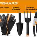 Fiskars House Plant Starter Tool Set with Set with Bypass Pruner, Trowel, Cultivator, and L/XL Garden Gloves for Indoor Gardening (4 Piece Kit)