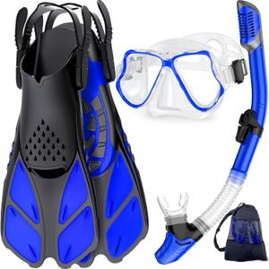 Zenoplige Mask Fins Snorkel Set, Snorkeling Gear for Adults, Panoramic View Snorkel Mask Anti-Fog, Adjustable Dive Flippers, Dry Top Snorkel and Travel Bag, Scuba Gear for Swimming Snorkeling Diving (Large-X-Large, Transparent Blue)