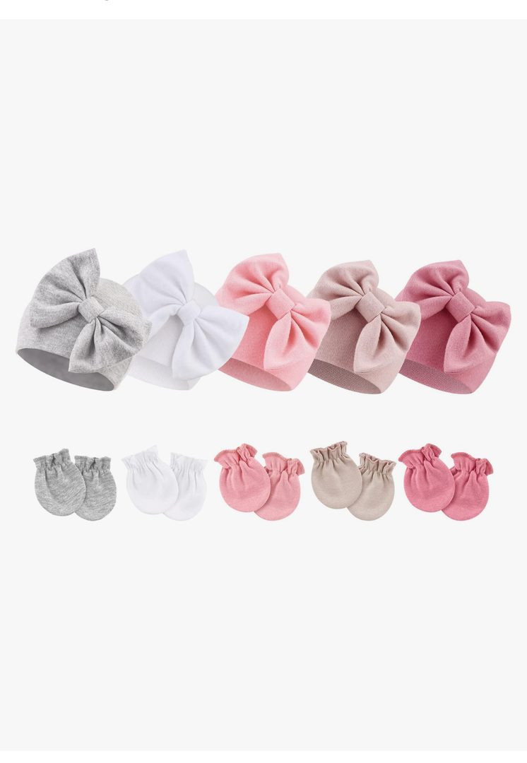 BQUBO Newborn Baby Girls Hats Mittens Set Hospital Hat Beanie Infant Bow Hats Baby Cotton Gloves for 0-6 Months