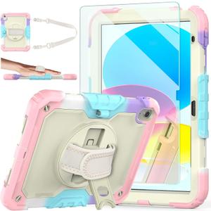 Ambison Case for iPad A16 11th/10th Generation 11"/10.9'' 2025/2022,Heavy Duty Shockproof Case with Tempered Glass Screen Protector, 360 Rotating Handle Strap&Stand,Shoulder Strap-Pink