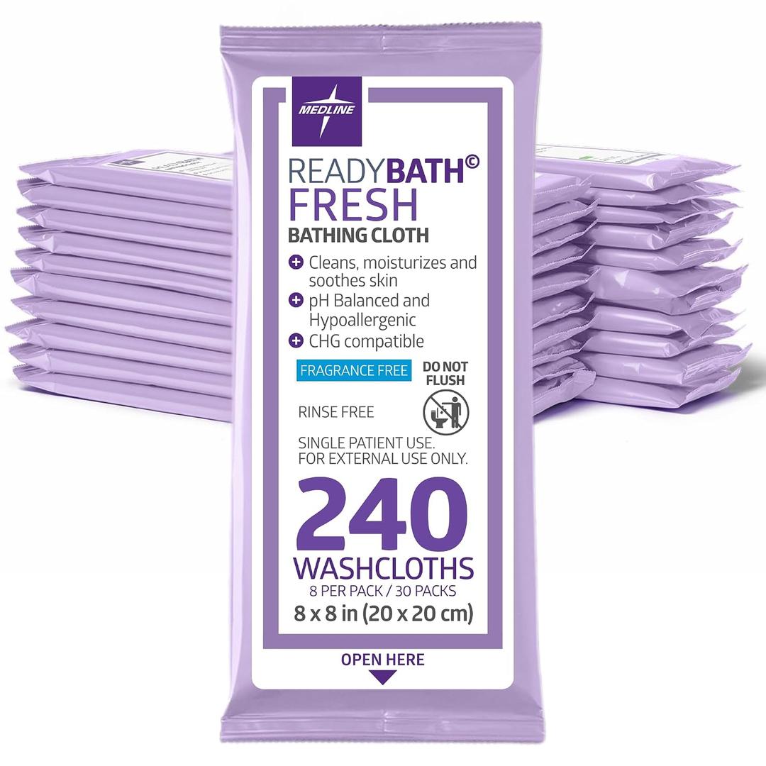 Medline ReadyBath Fresh Unscented Shower Wipes, 240 Count, No-Rinse Bath Wipes, Hypoallergenic, pH-Balanced, Unscented