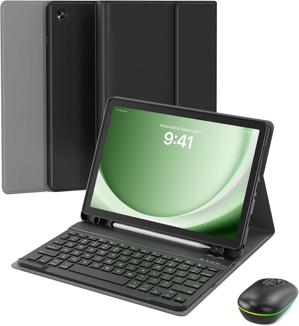 For Samsung Galaxy Tab A9+ 2023/A11+ 2025 11-inch Case with Keyboard, Mouse and Detachable Magnetic Keyboard, Multi-Angle Slim Folio Cover with S Pen Holder for A9/A11 Plus, Dark Black