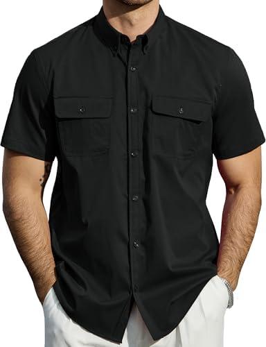 JOGAL Mens Button Down Short Sleeve Shirt Regular Fit Button Up Work Shirts with Two Pockets, XXL