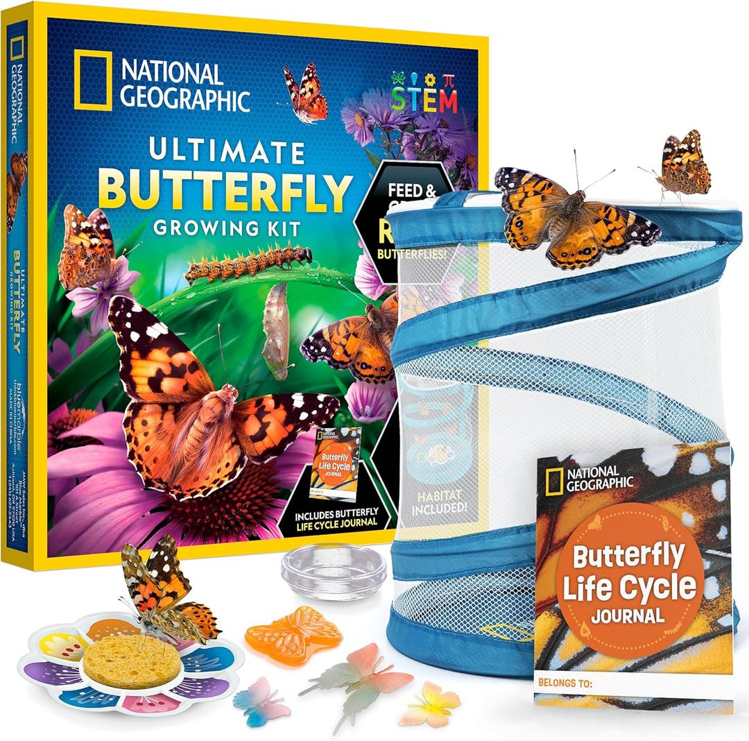 National Geographic Ultimate Butterfly Growing Kit  Butterfly Habitat Kit with Voucher to Redeem 5 Caterpillars (S&H Not Included), Glow-in-The-Dark Figures, Hands-On Activity, Easter Gifts for Kids