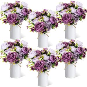 6 Sets Artificial Peonies Flower Peony Bouquet with Galvanized Metal Pot Silk Fake Peonies Faux Flower Arrangements for Wedding Table Centerpiece Party Home Room (Purple)