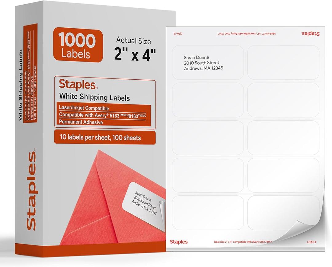 STAPLES 2" x 4" Shipping Labels, White  Printable Laser & Inkjet Label Sheets, Easy-Peel Adhesive, 100 Total (10 Labels per Sheet)