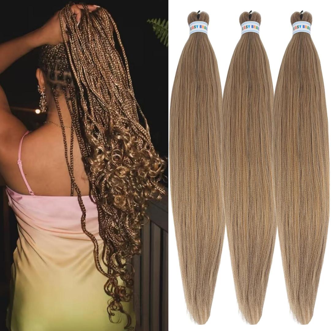 Ash Brown Blonde Braiding Hair Pre stretched Synthetic Hypoallergenic ez braid Pre stretched Braiding Hair Extensions for Knotless Braids (Pack of 3)