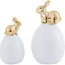 Easter Bunny Decorations, 2 Pcs Cute Gold Rabbit Sit on White Eggs Figurines for Spring Indoor Home Decorations