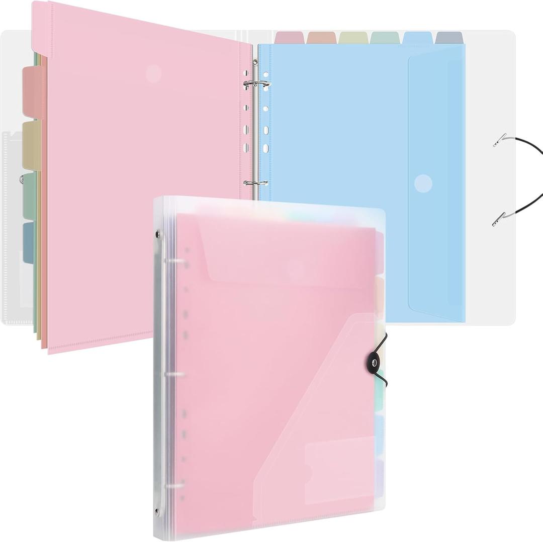 Uquelic A4 Binder, Folio Document Organizer with 12 Pockets, 3 Ring Folder Letter Size/A4, Cute Life Binder for Paper, Files, Photos, Letters, Cards(Clear-Macaron)