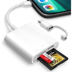 SD Card Reader for iPhone iPad, Oyuiasle Digital Trail Camera SD Card Viewer with Dual Slot for MicroSD/SD, Lightening&USBC Dual-Connector Memory Card Adapter for Photography, Plug and Play