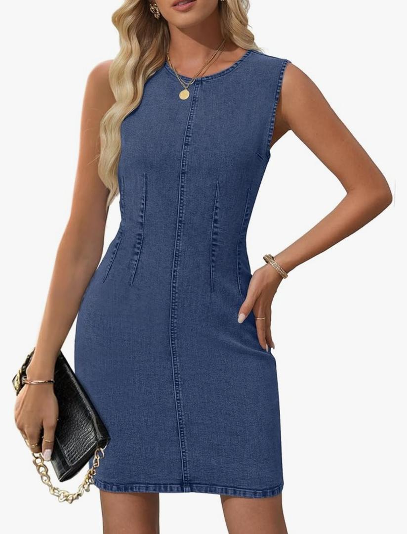 NENONA Women's Summer Sleeveless Denim Dress Casual Crew Neck Stretchy Mini Jean Dresses Cowboy Chic Outfits, S