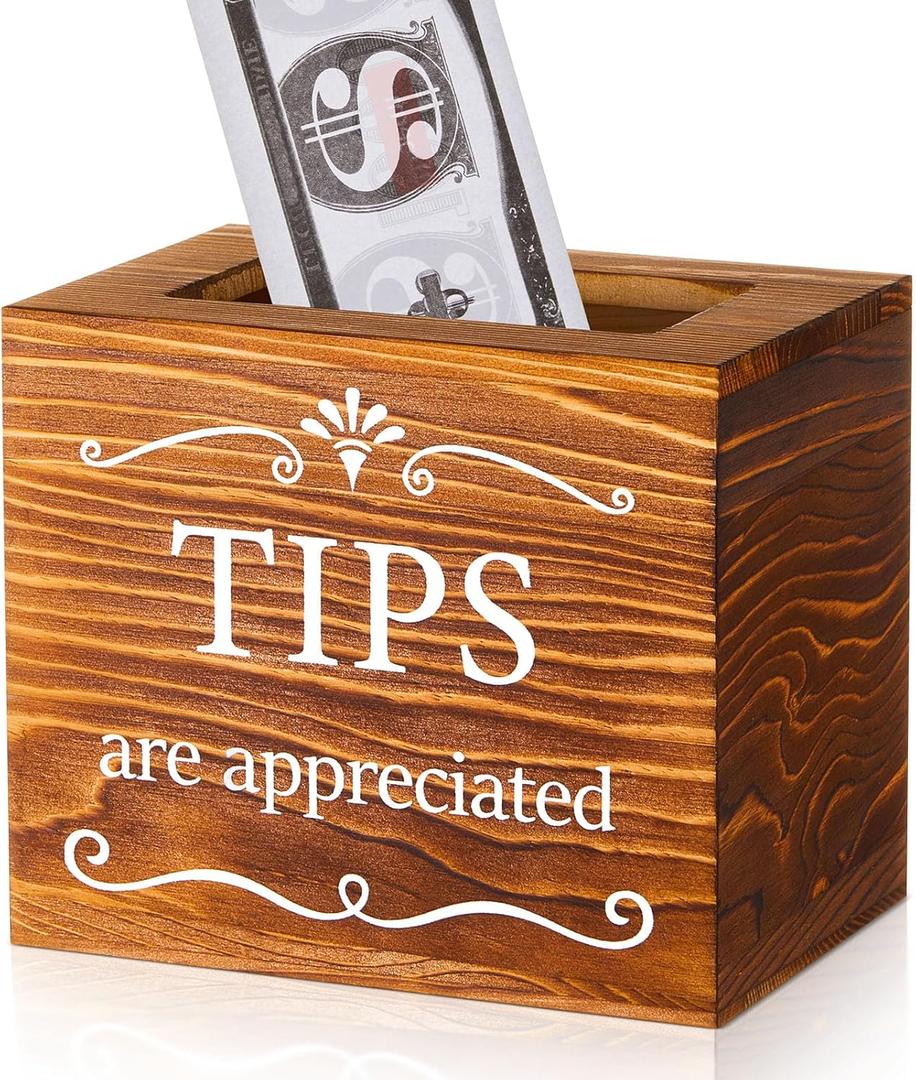 Vesici Wooden Tips Jar Tip Collection Box 6 x 4 x 5 Inch Donation Bucket Money Coin Storage Container Suggestion Box Raffle Cash Box for Bartender Restaurants Bars Musicians Driver(Burnt Wood)