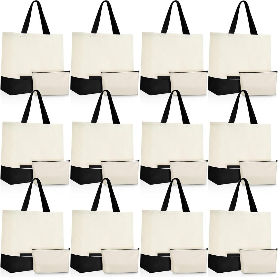 Sanwuta 24 Pcs Canvas Tote Bags Bulk with Zipper Cosmetic Bags 18.5" Cotton Canvas Bag with Handles Reusable Shopping Bags (Beige and Black)