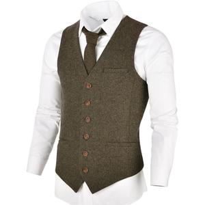 VOBOOM Men's Slim Fit Herringbone Tweed Suits Vest Premium Wool Blend Waistcoat (XX-Large, Khaki)