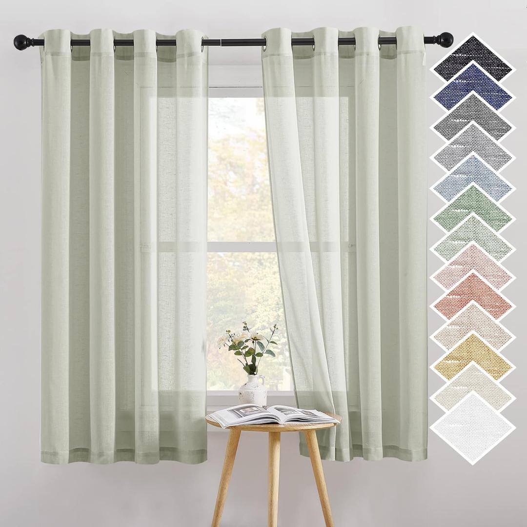 NICETOWN Linen Sheer Curtains Flax Textured, Grommet Top Casual Thick Semitransparent Flax Sheer Privacy Window Treatment for Loft/Apartment, Sage Green, W52 x L63, Sold by 2 Panels