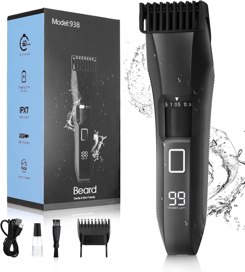 Beard Trimmer for Men, 20 Length Adjustable, Cordless Waterproof Clippers, Stainless Steel T-Blade for Precision Facial Hair Trimming with 2 Guide Combs, Travel Lock, LED Display (Black)