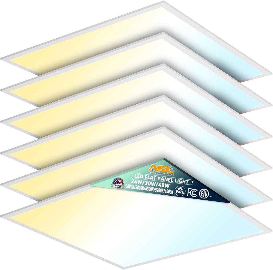Allsmartlife 2x2 LED Flat Panel Light 6-Pack, Dimmable, 5CCT Options (3000K-6000K), 24W/30W/40W, Back-Lit 2x2FT LED Troffer Light Drop Ceiling for Commercial Office, ETL (White)