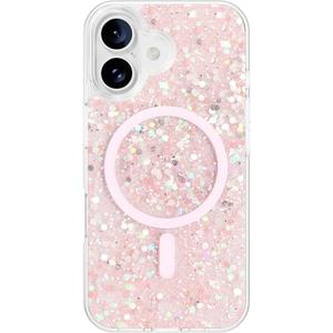 for iPhone 16 Plus Case, Clear Glitter MagSafe Compatible, Bling Sparkly Girly Case for iPhone 16 Plus, Magnetic Protective Phone Cover, Pink Glitter, Andromeda
