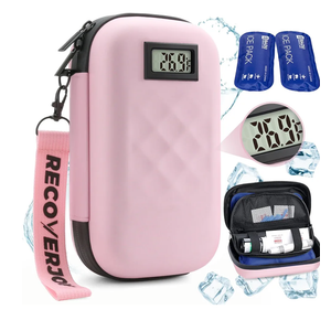 Insulin Cooler Travel Case Diabetic Medication Bag With Thermometer Temperature Display Medication Diabetic Cooler Travel Medicine Organizer Bag for women & 2 Ice Pack-Pink