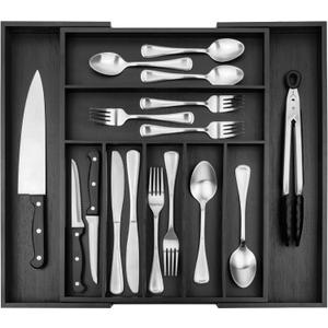 Purawood Bamboo Drawer Organizer - Expandable Silverware Organizer & Utensil Organizer, Cutlery Tray with Dividers, 7-9 Slots - Premium Kitchen Drawer Organizer for Utensils & Flatware (Black)