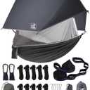 Miztli Camping Hammock with Net and Rain Fly, Portable Lightweight Outdoor Hammock Tree Travel Backpacking Hammock Tent with 20Ft(Total) Tree Straps, Perfect for Camping Hiking Yard Adventure Survival (Grey Bundle)
