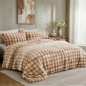 Bedbay Plush Rabbit Faux Fur Comforter Set King Size Tie Dyed Brown Fluffy Comforter Bed Set Luxury 3 Pieces Warm Shaggy Winter Comforter King Size Soft Bubble Bedding Comforter Set for Teen Adults