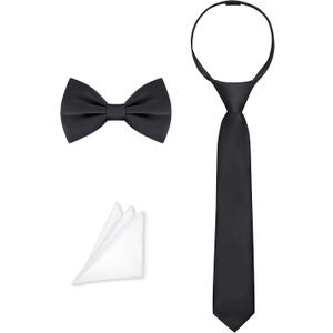 Boys Black Tie 8-10 Years Kids Black Necktie Tie Adjustable Pre-tied Zipper Tie, Bowtie and Pocket Square 3-piece For Wedding School Graduation Corbatas Para Nios
