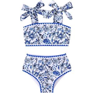 YOUNGER TREE Toddler Girls Two Pieces Swimsuit Color Block Stripe Swimwear Summer Beach Bathing Suit, White Blue Flower, 18-24 Months