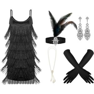 Zhanmai 6 Pcs Flapper Dress Flapper Costumes for Women 1920s Accessories Set Headband Pearl Necklace Earrings Gloves Stick (Medium, Black)