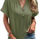 Womens Button V Neck T Shirts Rolled Short Sleeve Loose Fit Casual Summer Tops Tee Shirts (Green)