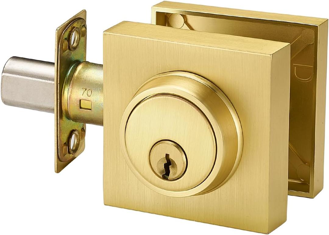 Single Cylinder Deadbolt Lock - Gold Satin Brass Square for Front Door with 3 Keys Modern Heavy Duty High Security Lock (Deadbolt, Satin Brass)
