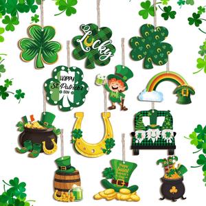 Yulejo St. Patricks Day Decorations Wooden Shamrock Ornaments Good Luck Clover Hanging Ornament Craft for Tree Shamrock 12 Styles Irish Saint Patricks Day Tree Hanging Decorations(24 Pieces)
